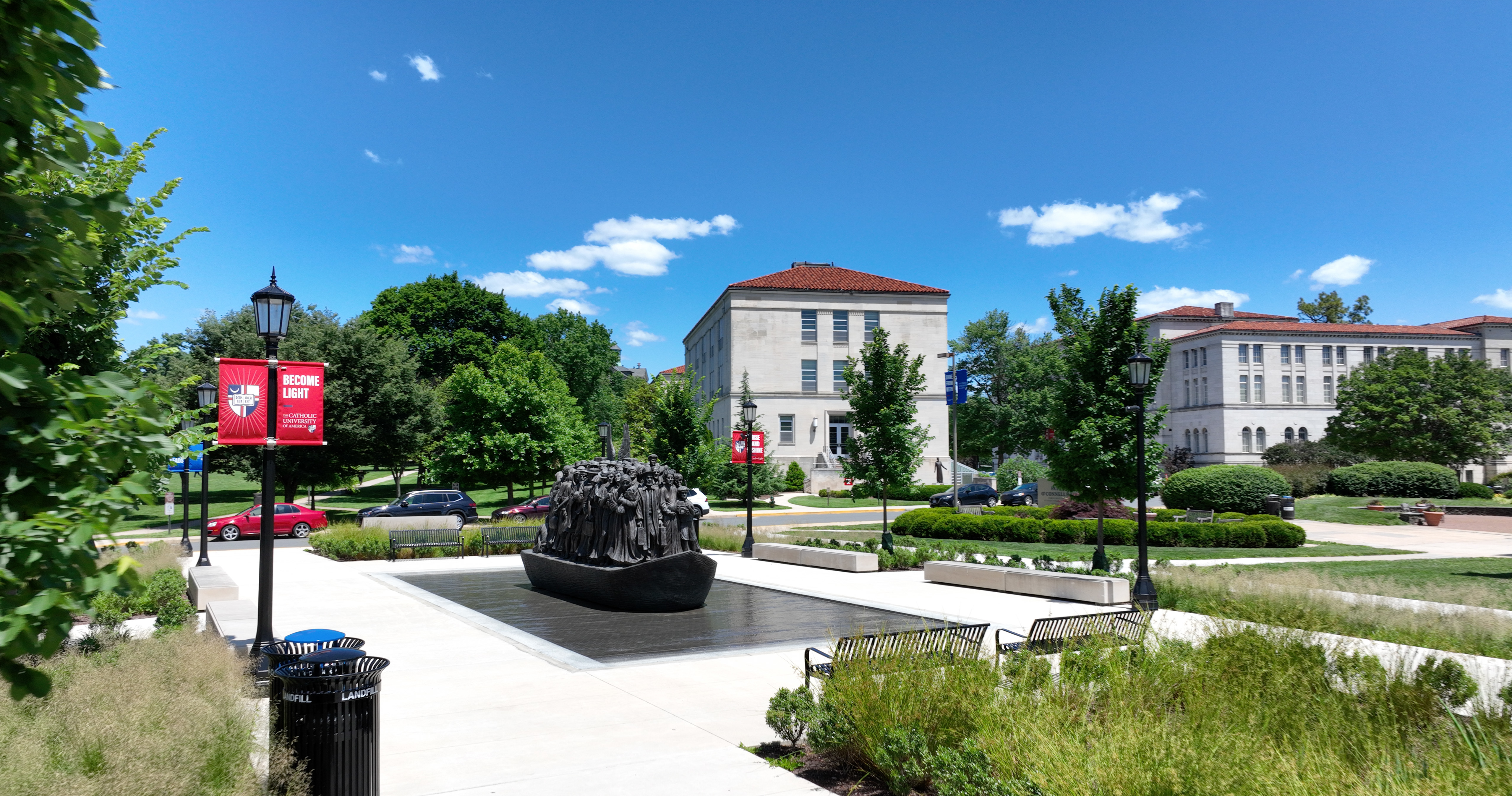 A view of the pathway of Catholic University's campus.