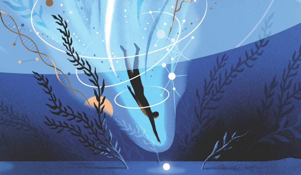 A person dives deep into vast waters to seek "pearls" of knowledge.