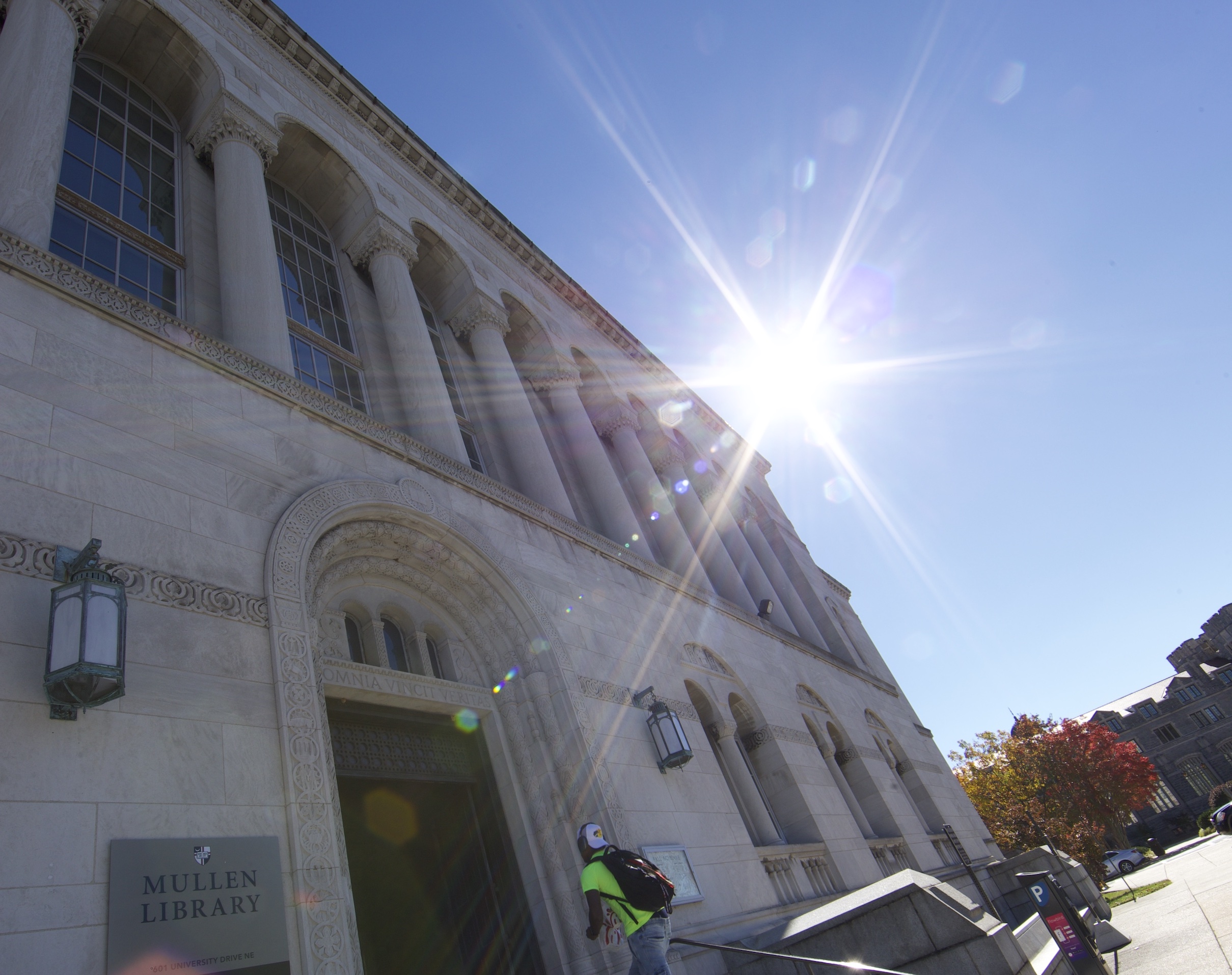 sun glare above Mullen Library