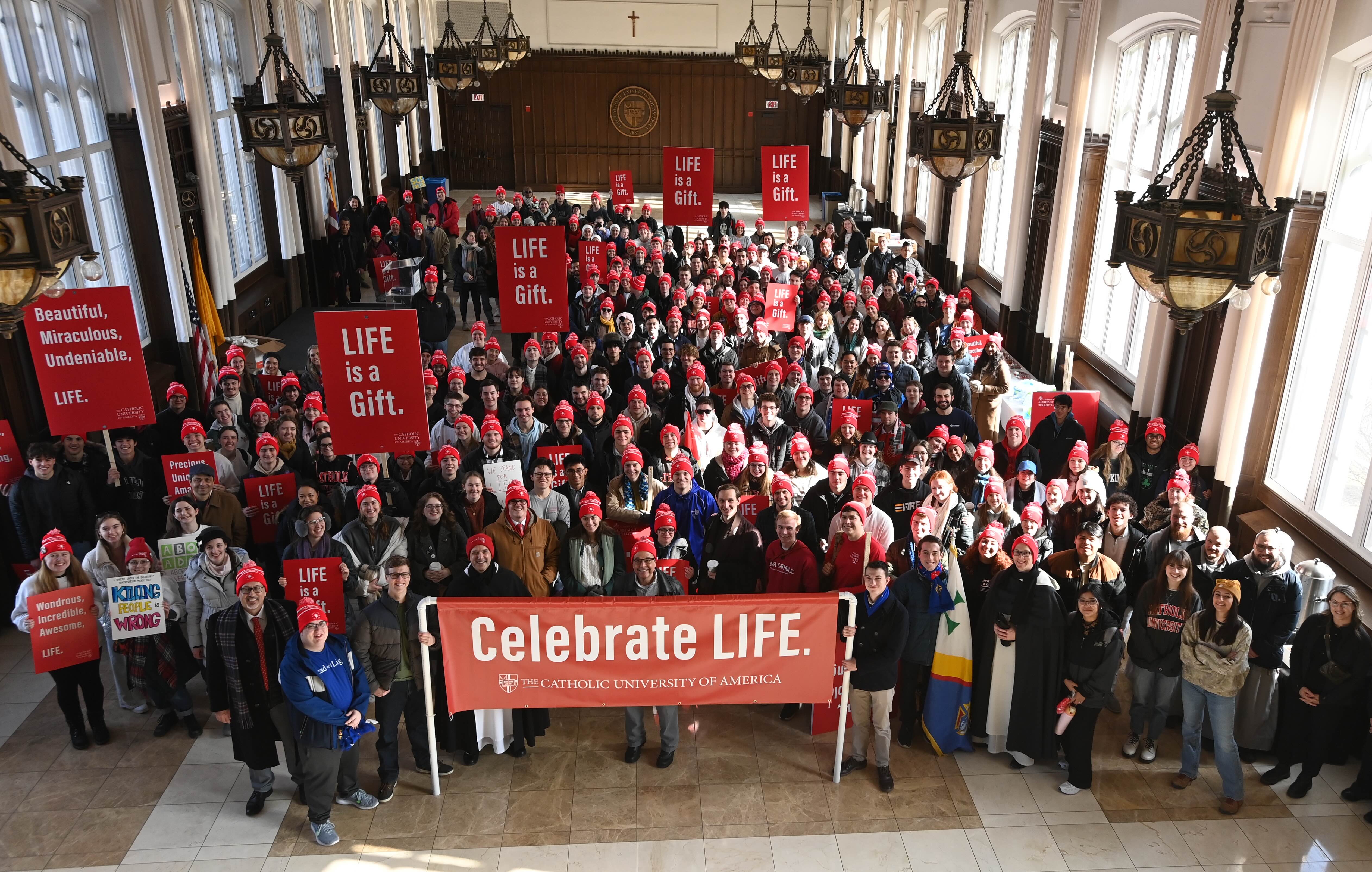 CathoCatholic University students attend a rally on campus for the 2025 March for Life