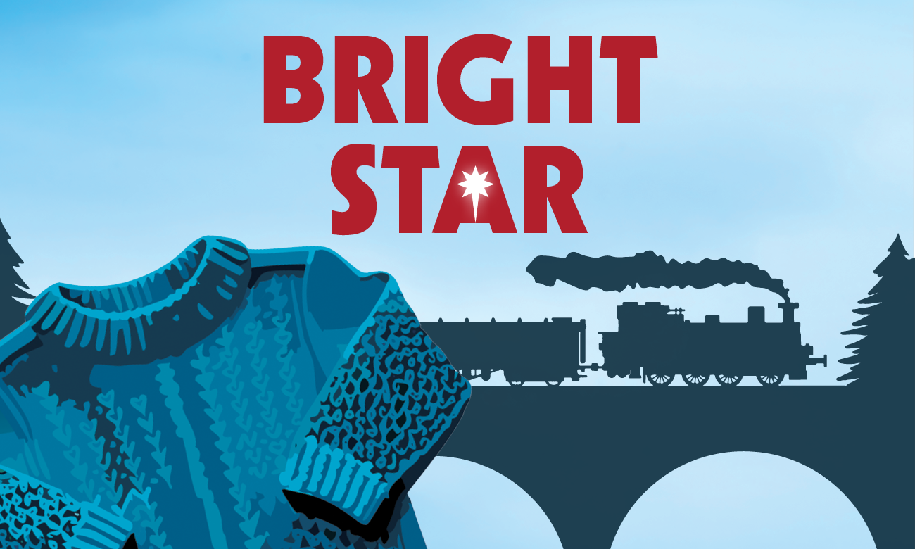 A steam train crosses a bridge in the background. A cable sweater is in the foreground. Bright Star is written above in bold red letters.