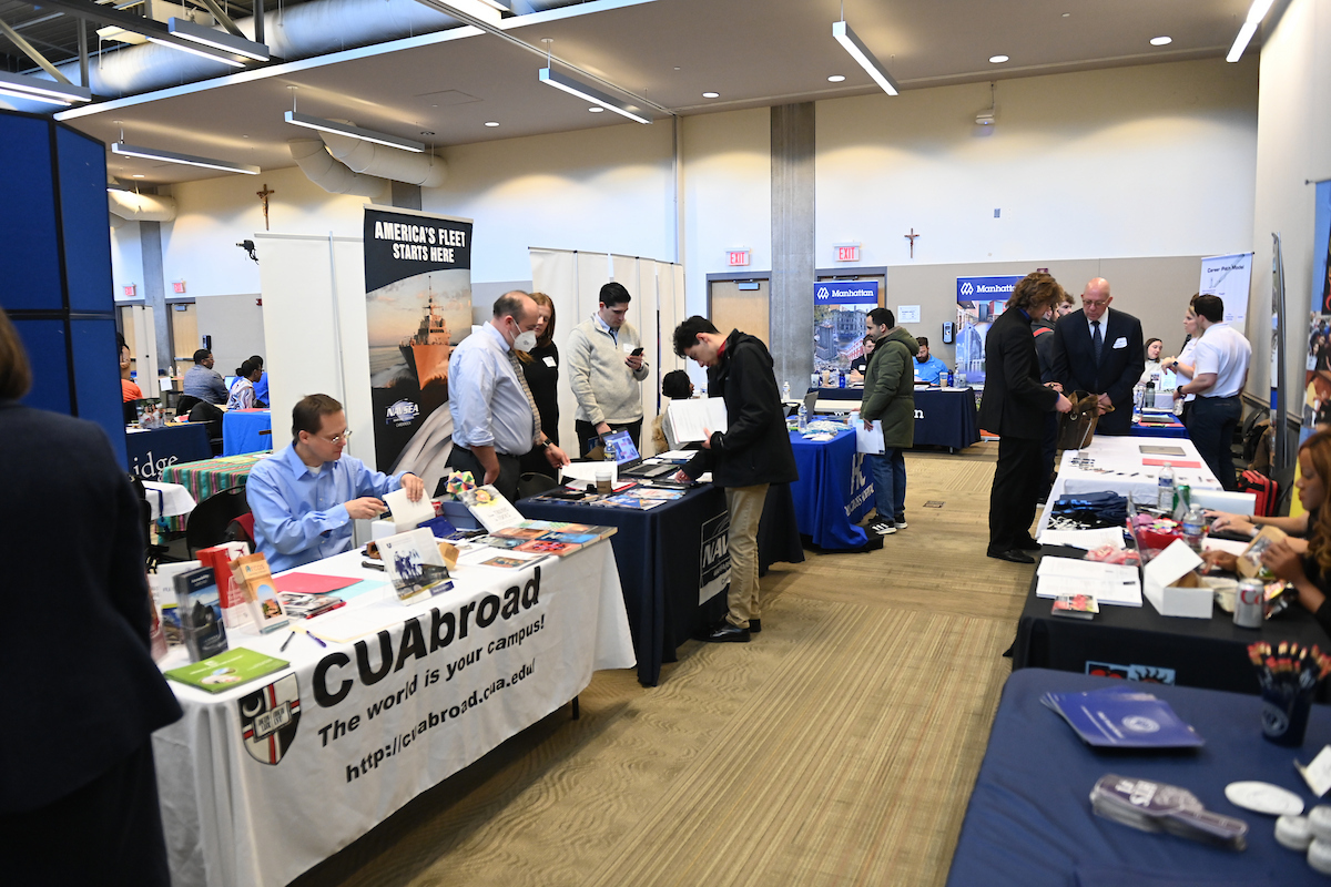 Tables line the Pryz as companies recruit future interns and employees at the Spring Career Fair.