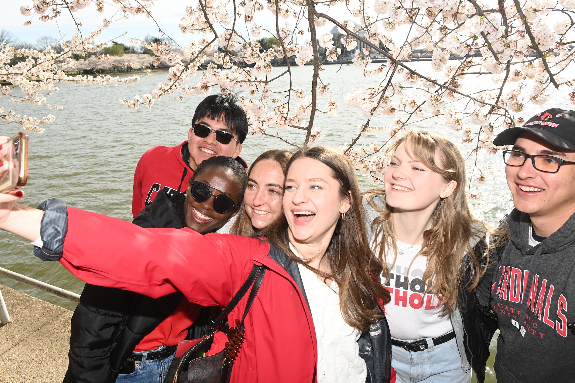 students taking a selfie on the tidal basin, under a cherry blossom tree