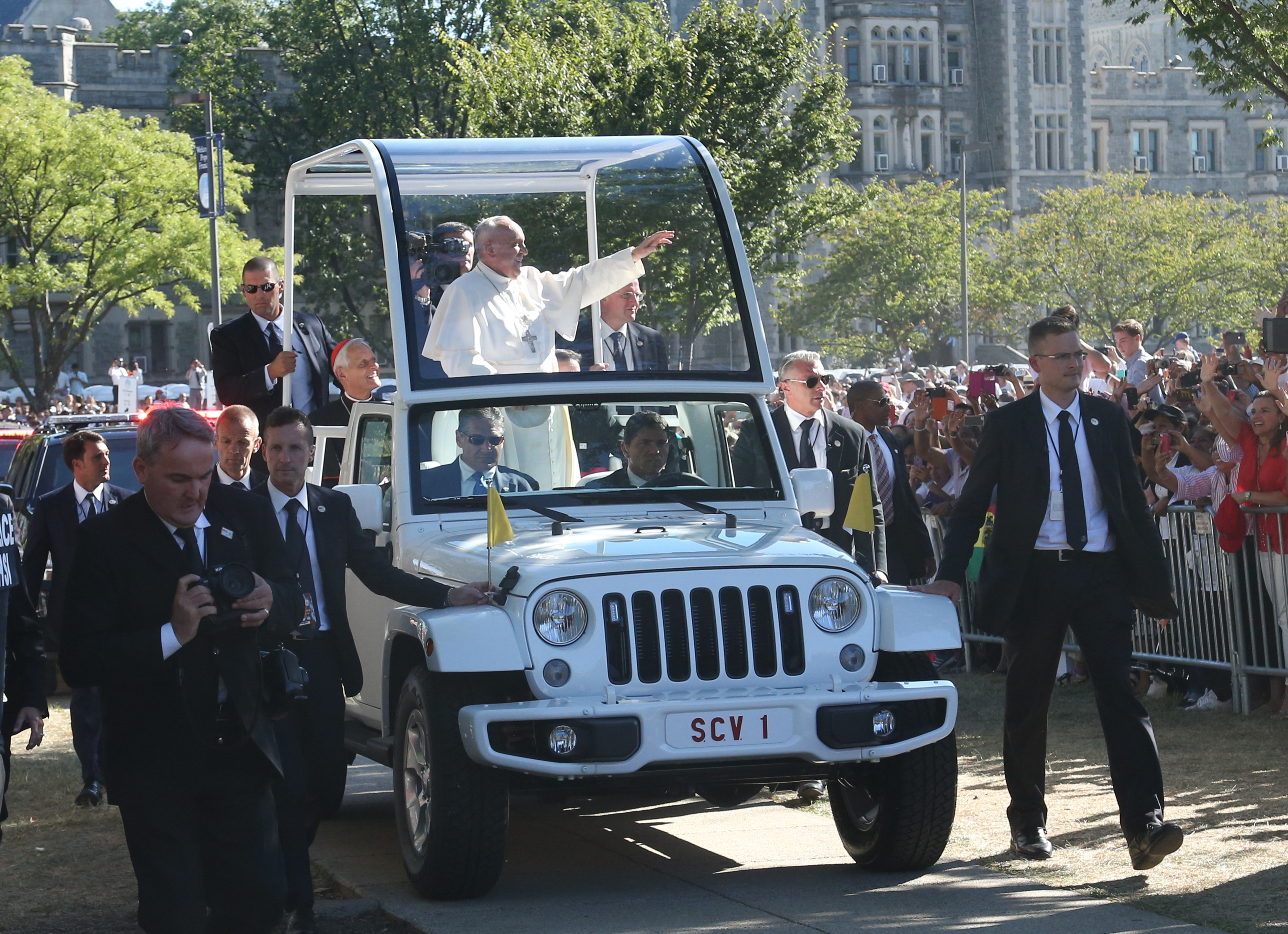 Pope Francis in popemobile on CUA campus