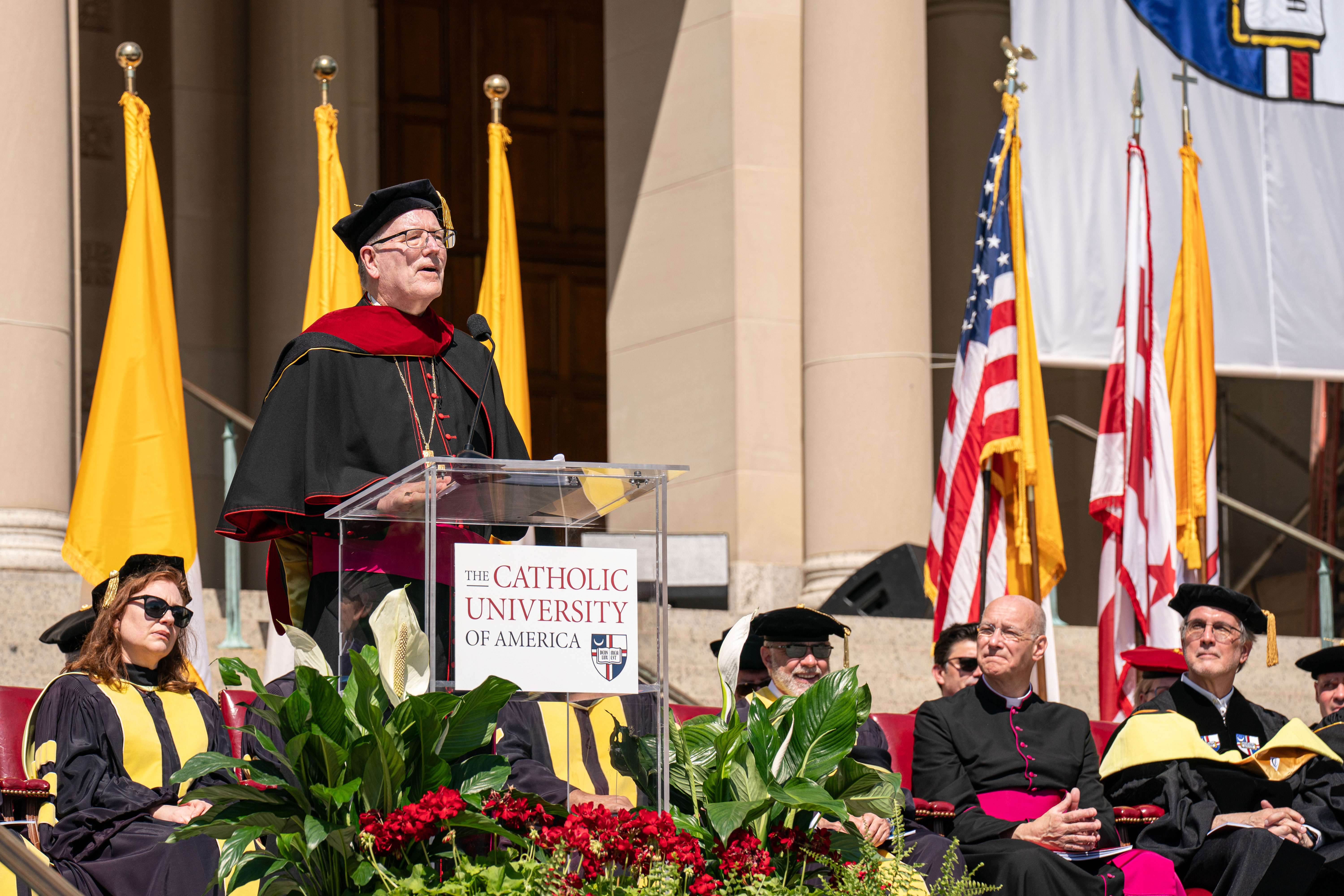 Bishop Barron delivers his speech on stage at Commencement.