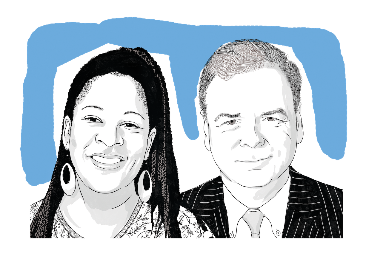 Illustrated headshots of Anika Prather and Brad Lewis