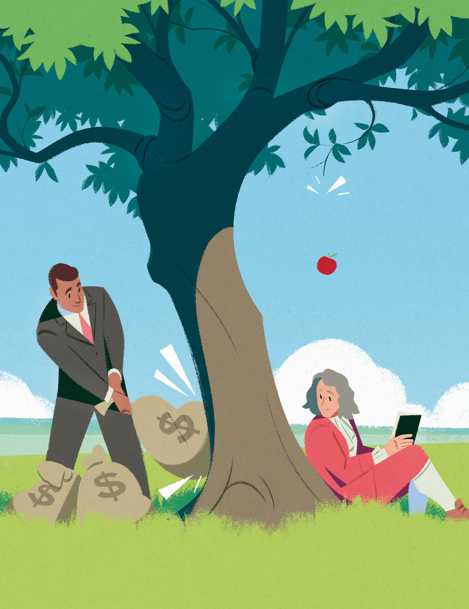 Image of man hitting a tree with moneybags, apple falling on Isaac Newton's head