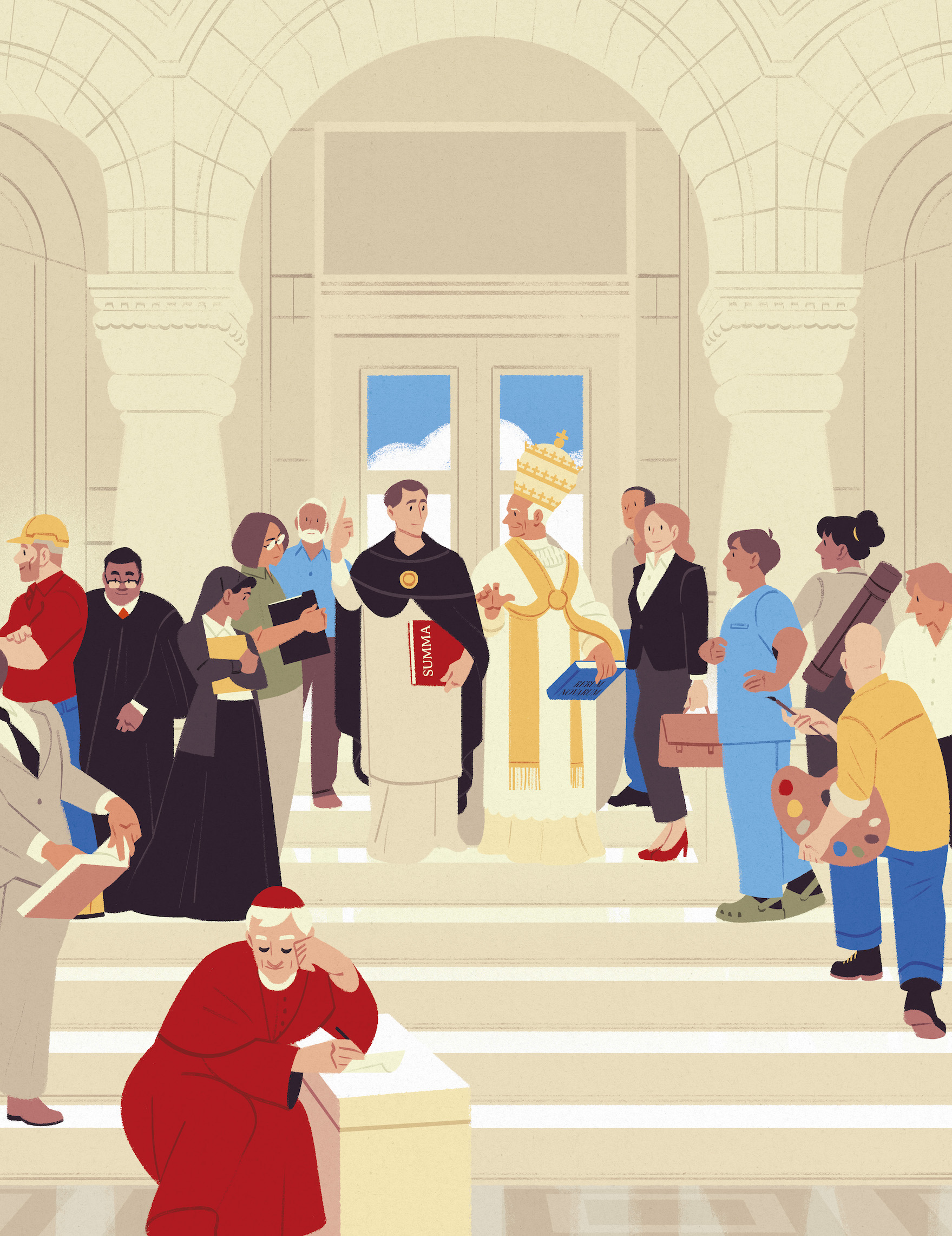 illustration of scholars in a similar style as the School of Athens painting