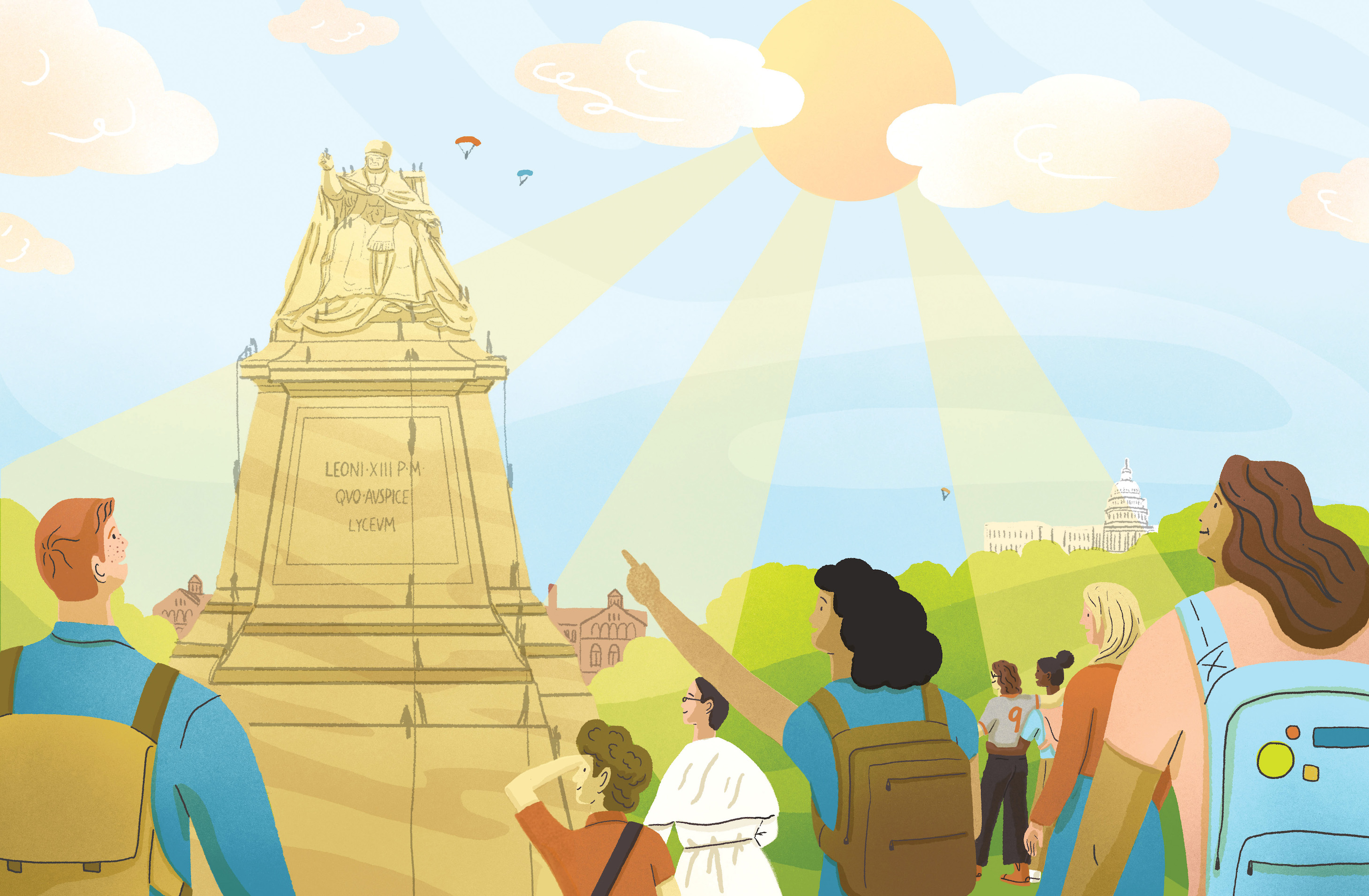 Illustration of students looking up at a statue of Pope Leo XIII