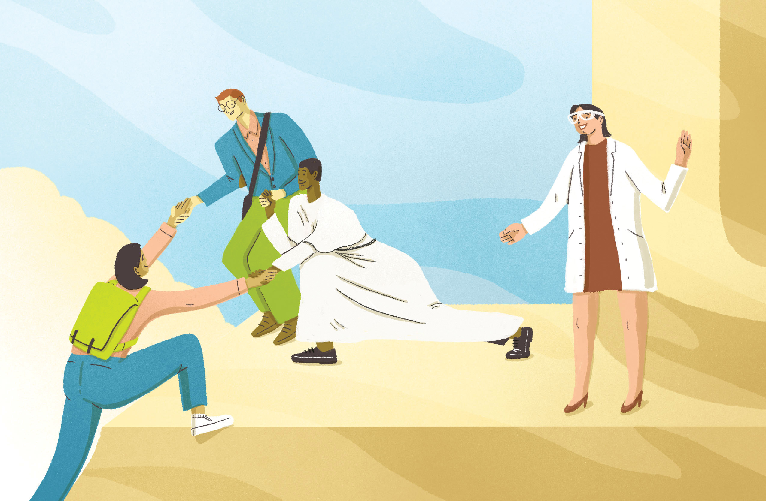 illustration of teachers and students helping each other climb up a monument