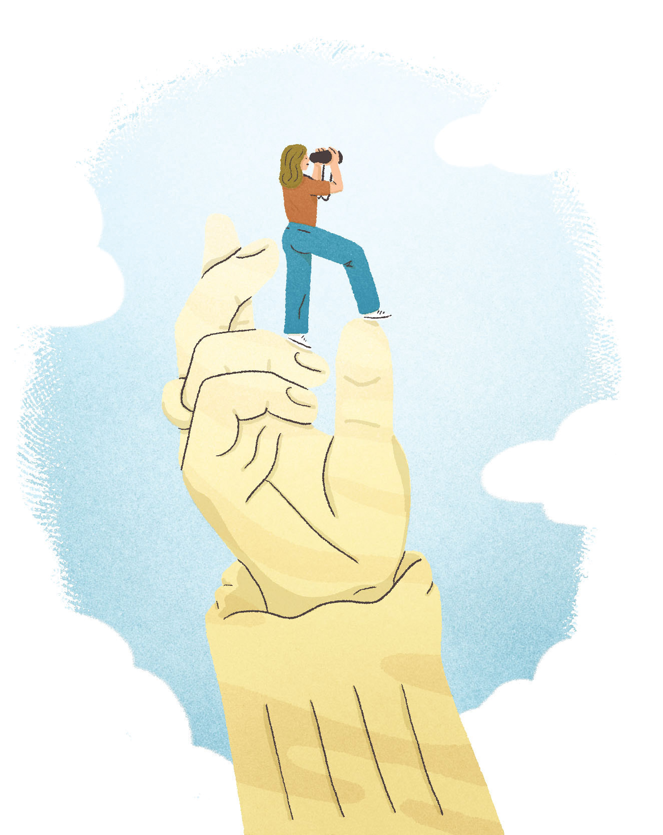 illustration of someone being held by pope leo XIII statue and looking out with binoculars