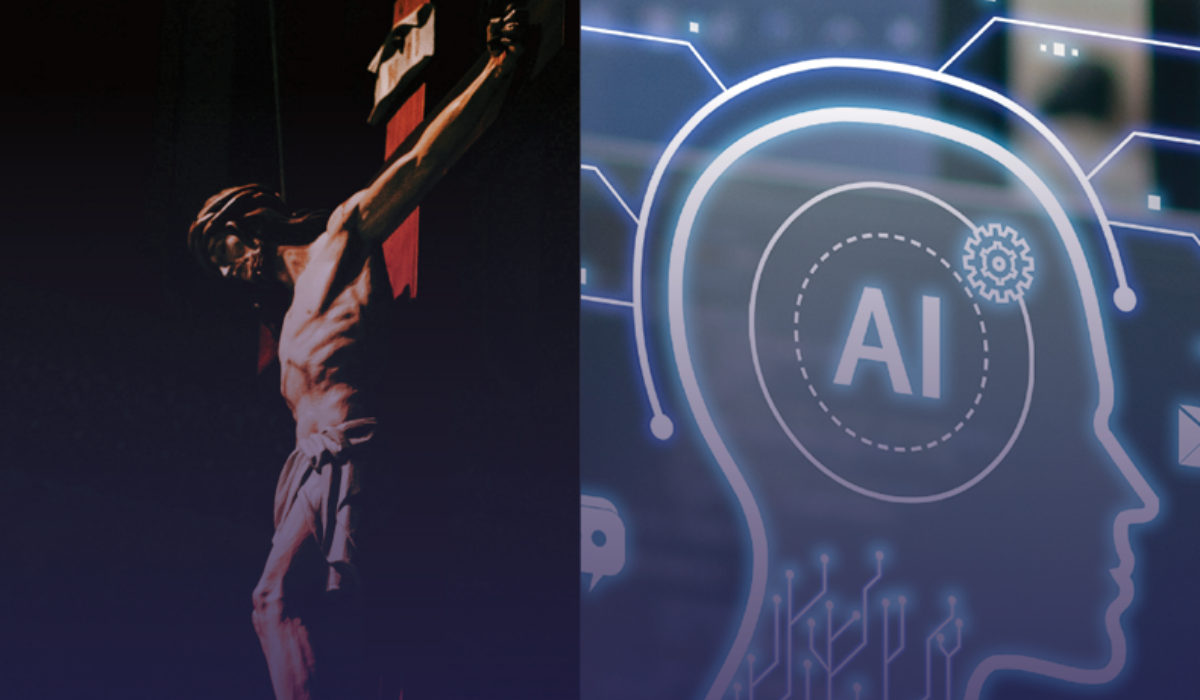On the left, an image of a statue of Jesus Christ on the cross. On the right, a computer-generated image of a profile with the words "AI" in the center.
