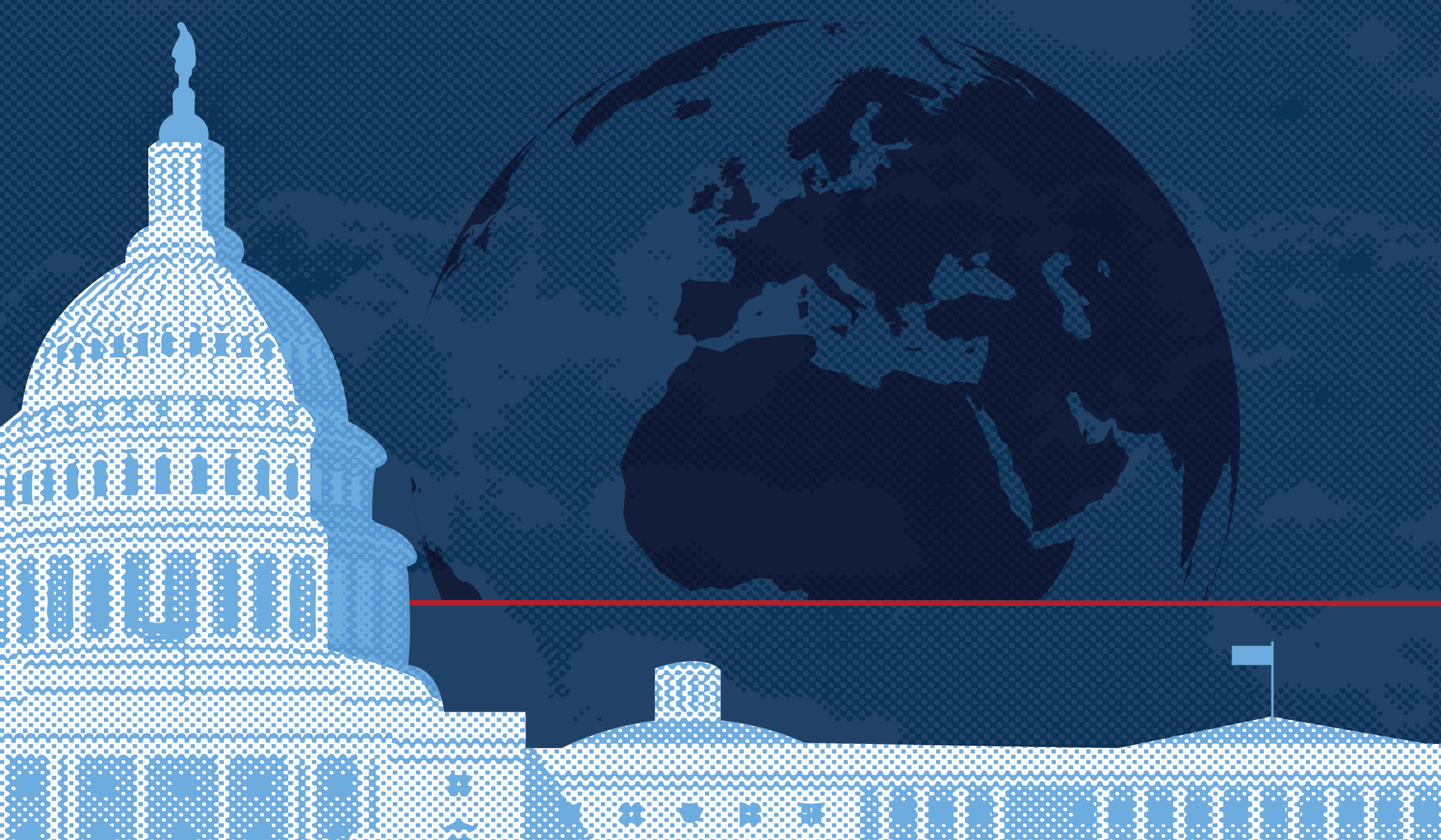 Against a blue background featuring a globe, the United State Capital is segmented by a red line.
