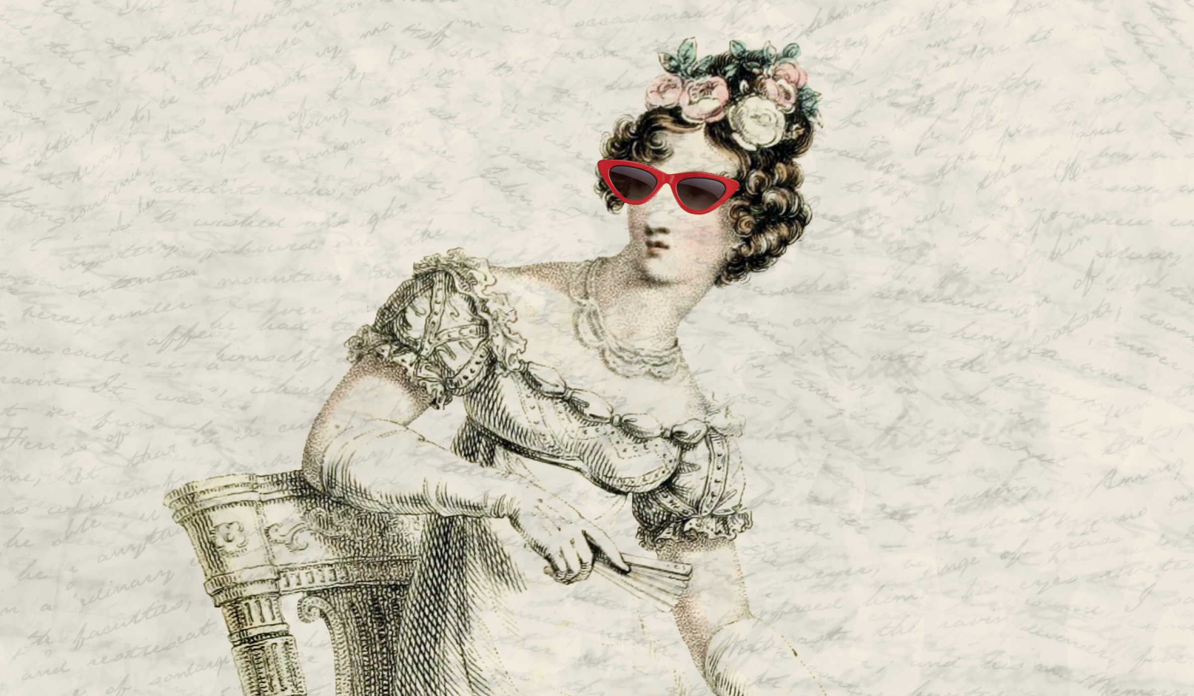 An illustration of a woman from one of Jane Austen's novels with bright read sunglasses on.