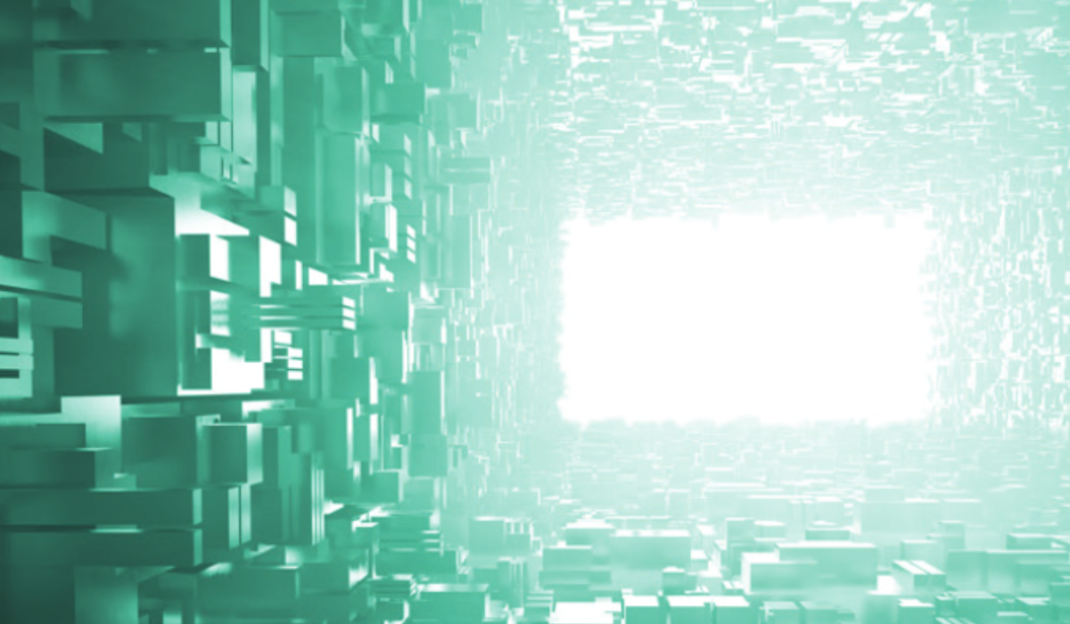 A green room made of boxes opens up to a white box of light.