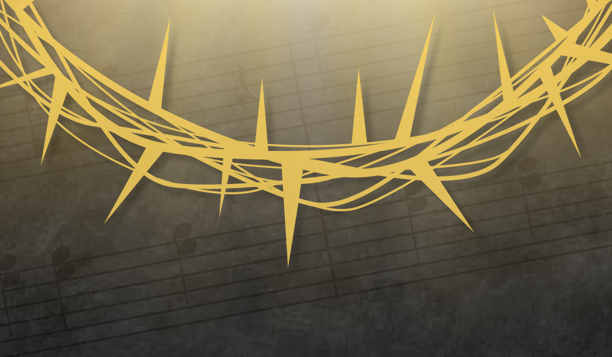 Jesus' crown of thorns in gold against a background of music.