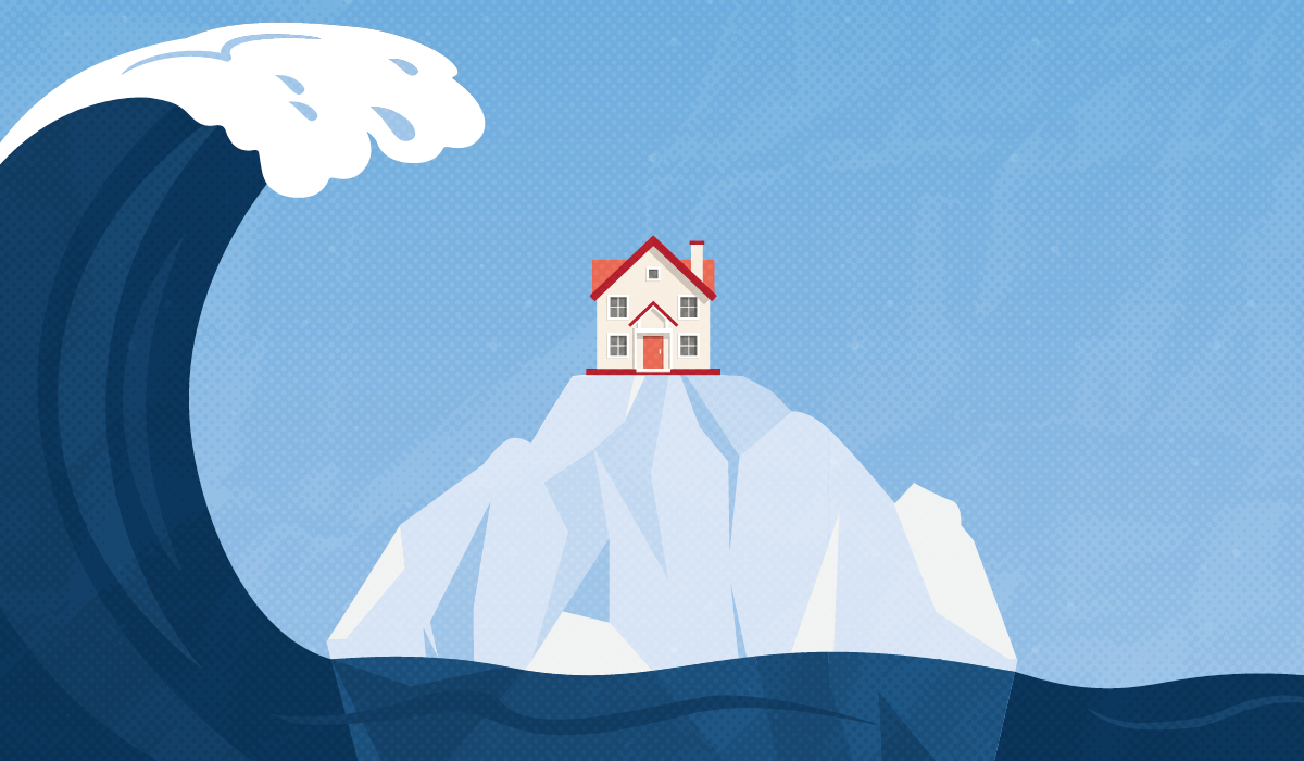 A house on top of an iceberg with a wave looming overhead.