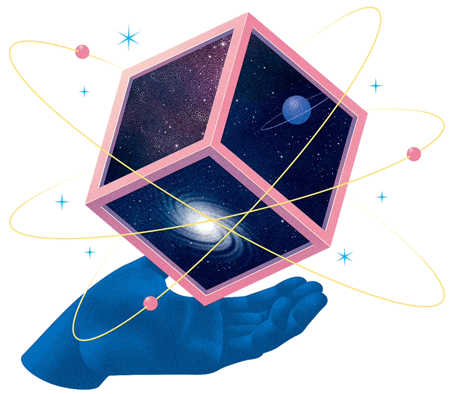 hands holding a cube with planets floating around it