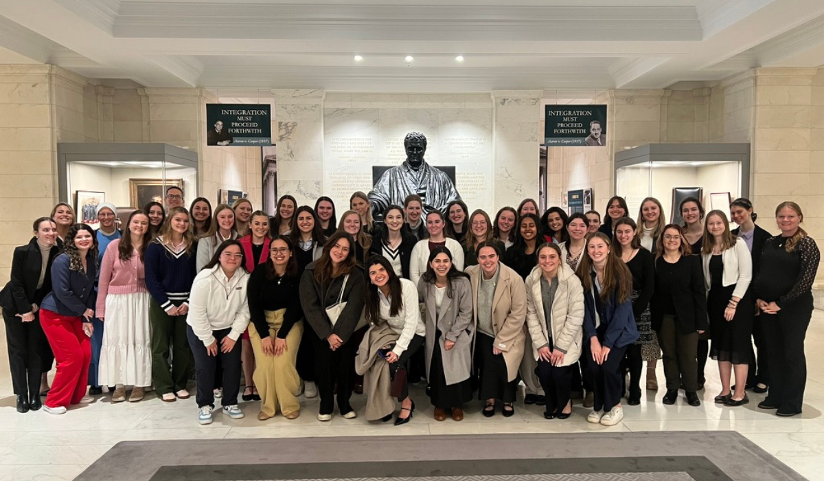 A group of Catholic University students and staff members at the US Supreme Court.