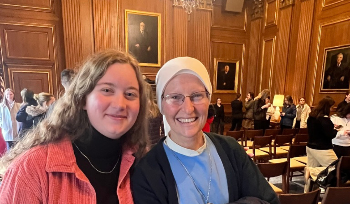 Two women, one a religious sister, at the US Supreme Court.