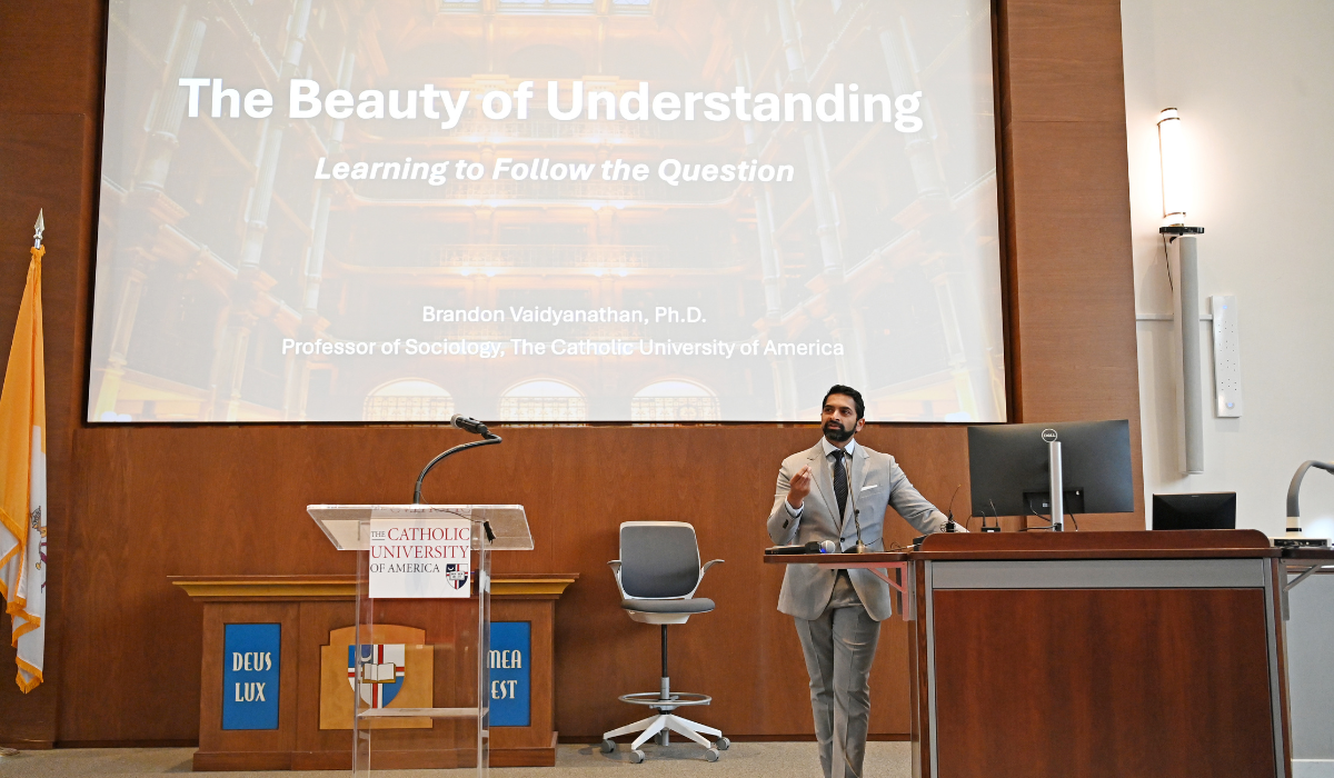 Sociology Professor Brandon Vaidyanathan gives the keynote lecture, “The Beauty of Understanding” at Della Ratta Auditorium in Maloney Hall 