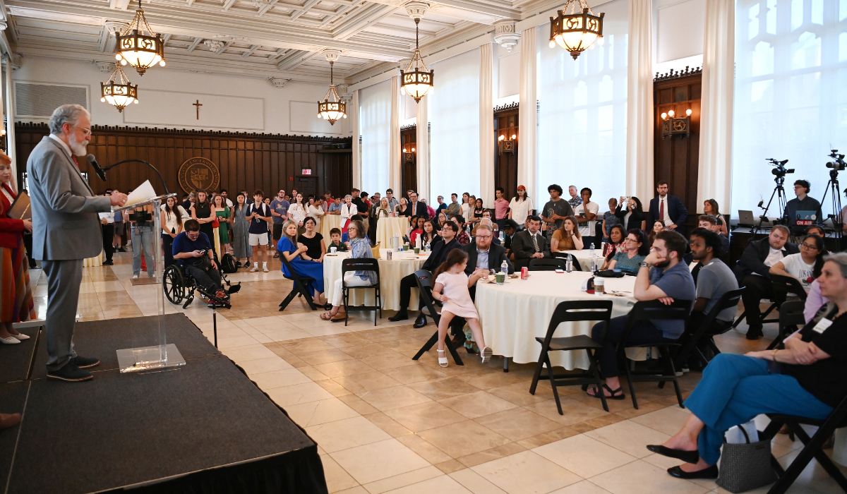 The crowd in Heritage Hall for University Research Day.