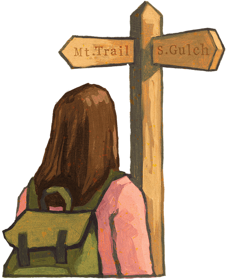 illustration of a hiker looking at a sign post
