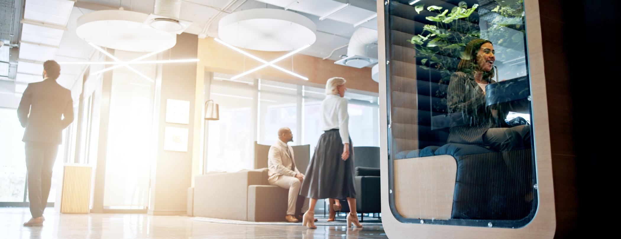 modern office building with people in business attire
