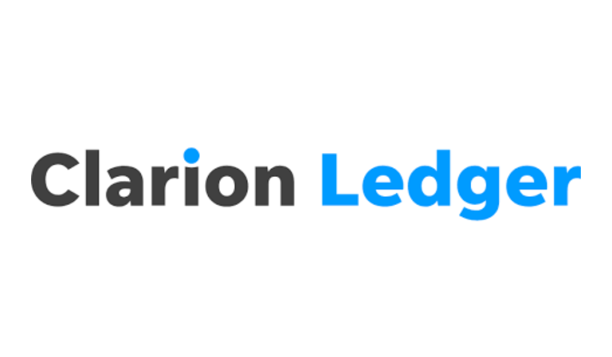Logo of Clarion Ledger in dark grey and light blue.