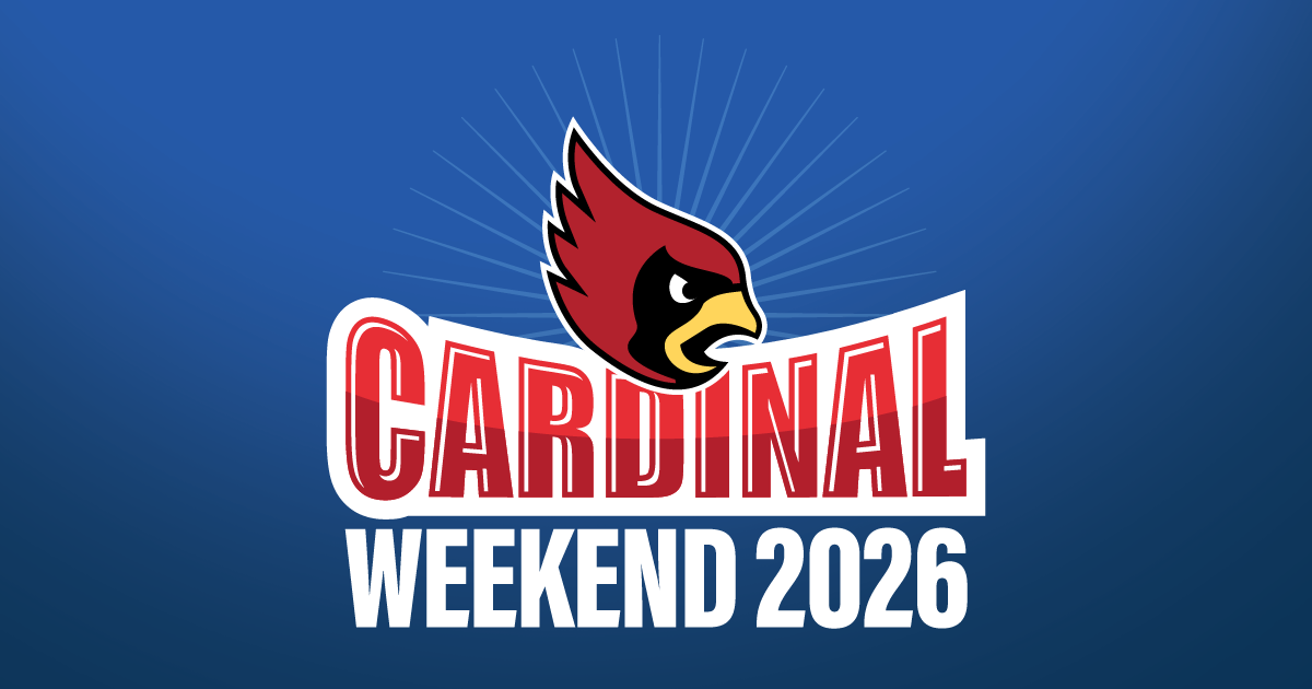 The logo for Cardinal Weekend 2026, a blue background with a red cardinal over the text.