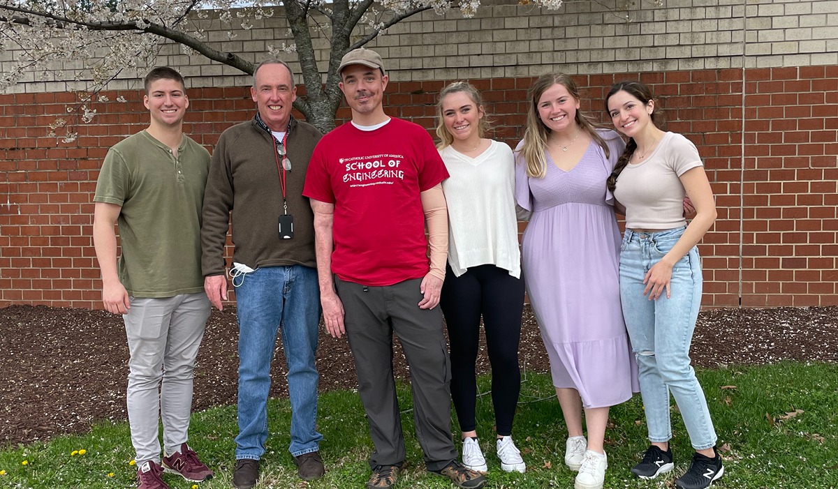 Pictured from left to right are Ryan Walczak; project advisor and Biomedical Engineering Clinical Associate Professor Gregory Behrmann; Army veteran Eric Lund; Margaret Brautigan; Elizabeth Caufield; and Madison Hughes. All, except Lund and Behrmann, are biomedical engineering juniors. (Photo Courtesy: Madison Hughes)