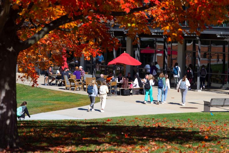 buzzing campus activity framed by trees turning orange in the fall