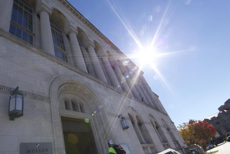 sun glare above Mullen Library