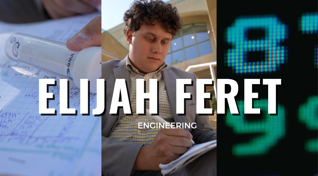 The thumbnail for Elijah Feret's interview. His image is flanked by engineering papers and numbers. His name is in bold white lettering in the middle.