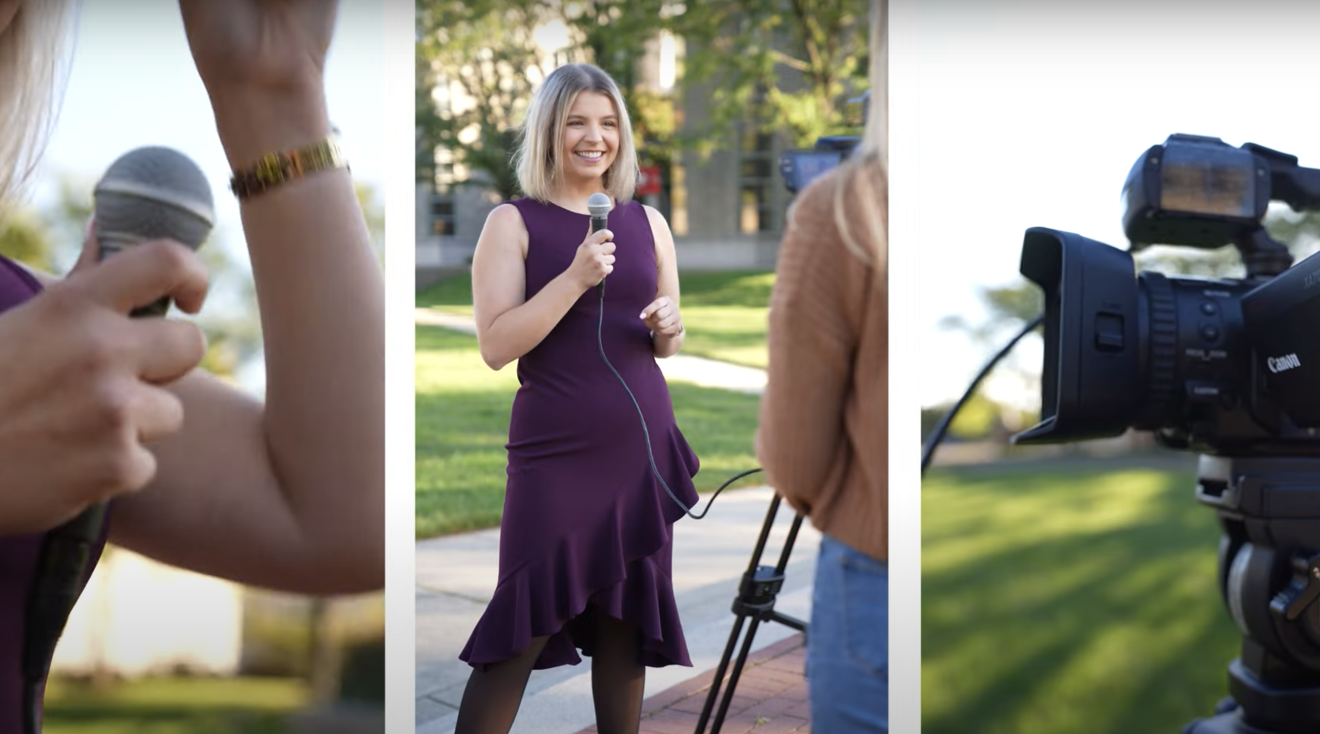 Alexis Greiss video thumbnail, featuring three shots of Alexis being filmed for a broadcast news segment.