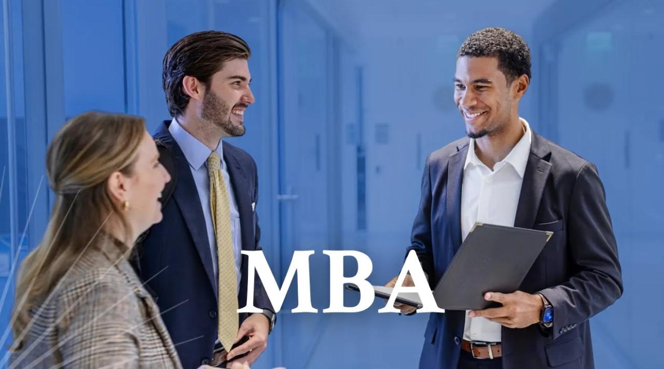 The thumbnail for the MBA video, featuring three students in suits chatting against a blue backdrop.