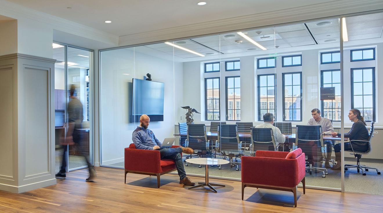 Activity in the meeting spaces in the Busch School.